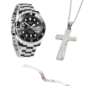 Kit Masculino Relógio Original Bonfendi Prata + Corrente Cruz Prata + Pulseira Prata