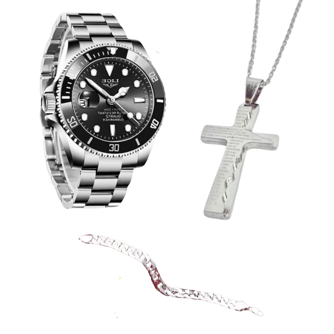 Kit Masculino Relógio Modelo Rlex Prata + Corrente Cruz Prata + Pulseira Prata