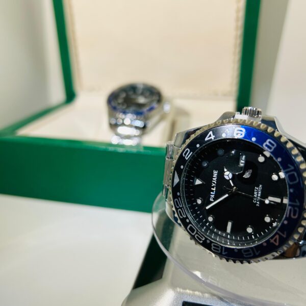 Relógio Masculino Original Prata Com Preto/Azul (Fundo Preto) Rlex Pallyjane - Imagem 2
