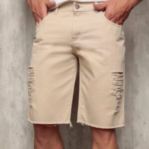 Bermuda Jeans Rasgada Bege Estilo Premium Moda Verão