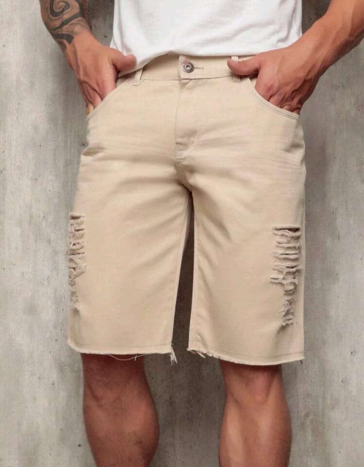 Bermuda Jeans Rasgada Bege Estilo Premium Moda Verão