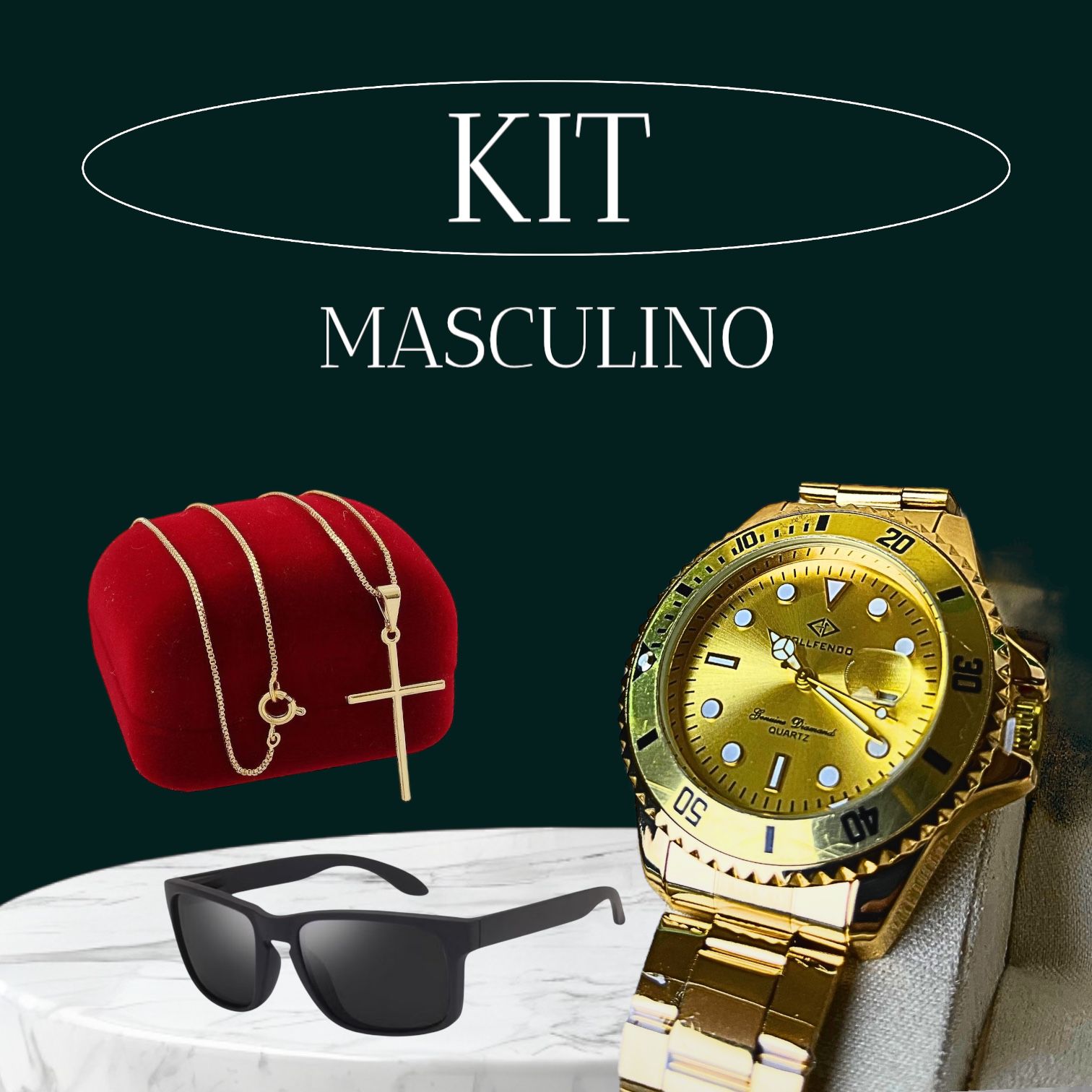Relógio Dourado Modelo Rlex Bollfendo + Corrente Cruz Luxo + Óculos de Sol