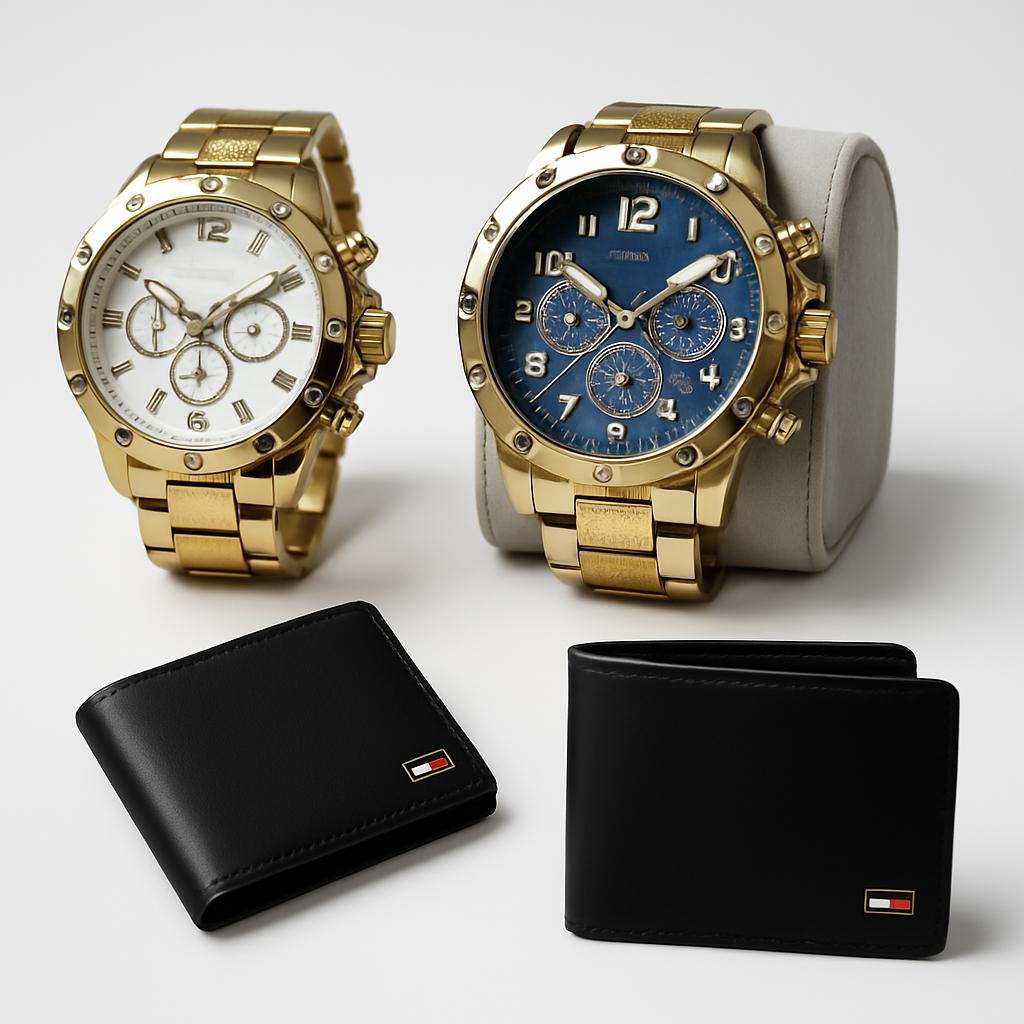 Relógio de Aço Dourado + Carteira Tommy